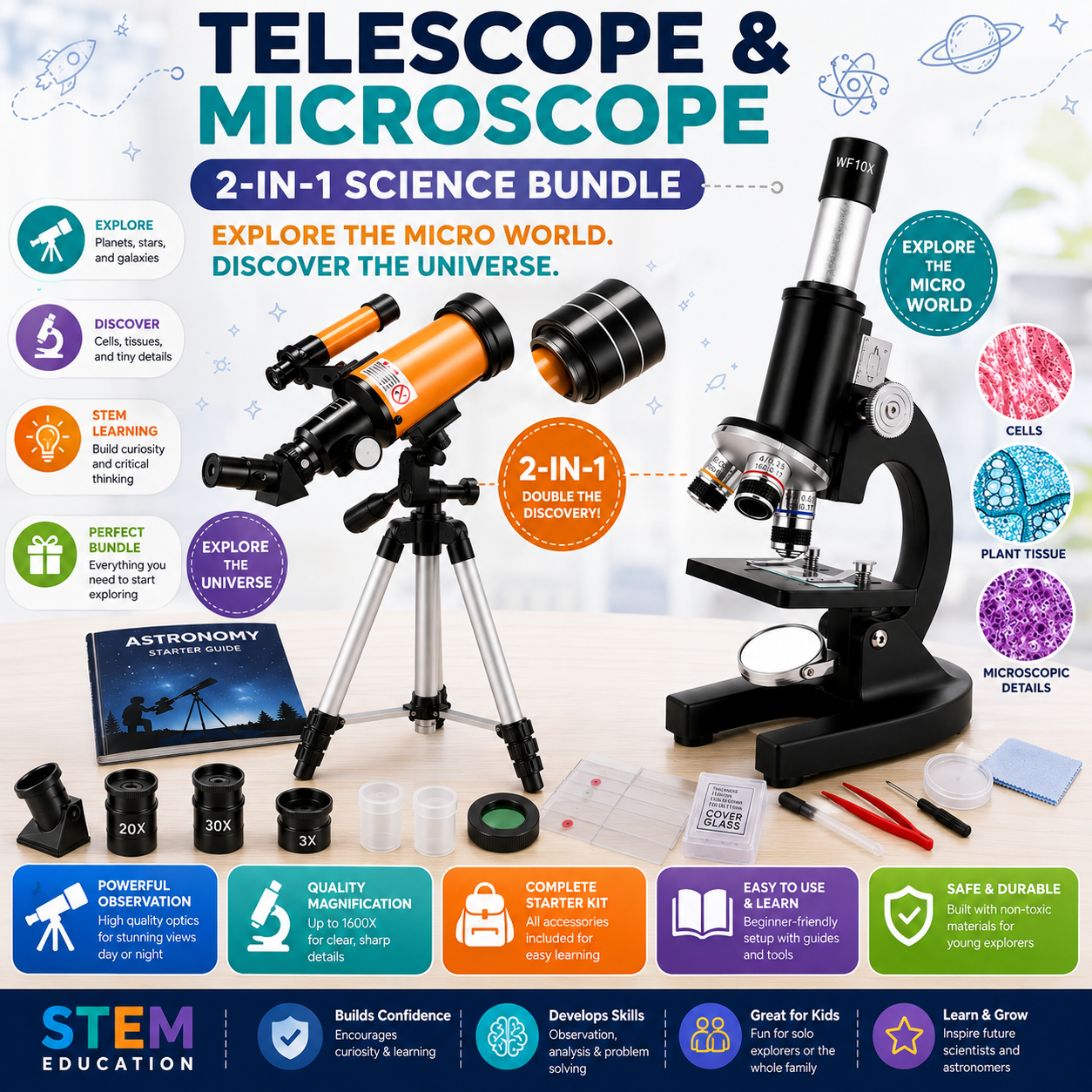 Telescope & Microscope 2-in-1 Science Bundle
